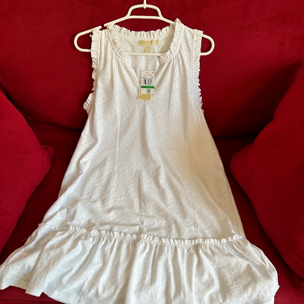 Michael Kors white drop waist Swiss Dot Lined Dress/NWT/Large